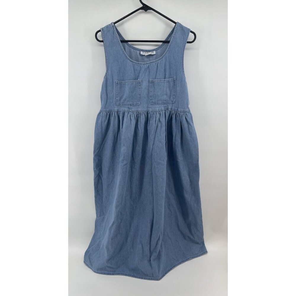 Denim‎ Maxi Dress blue Cotton Tie Waist cowgirl Cottagecore minimal boho Med USA